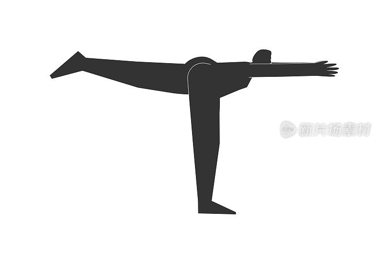 矢量孤立的插图与平面黑色轮廓的女性角色。爱运动的女子学习瑜伽姿势Virabhadrasana III。健身运动-战士3。简约的设计